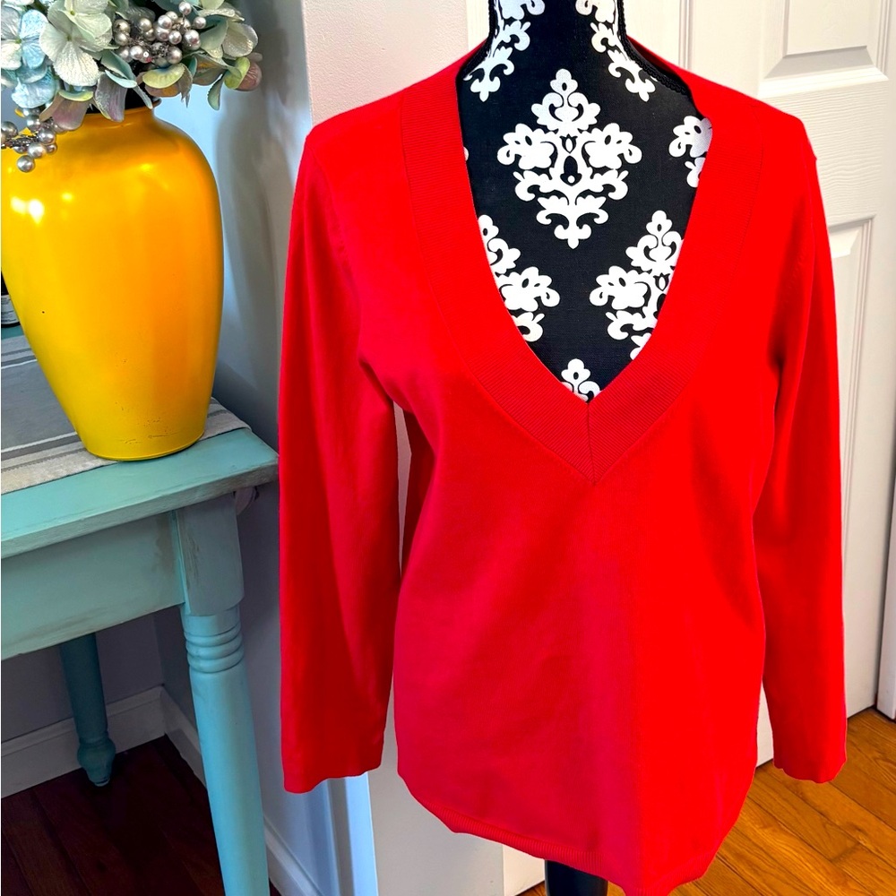 Talbots Red V-Neck Cotton Rayon Nylon Front Poly Back Sweater Womens Size LRG